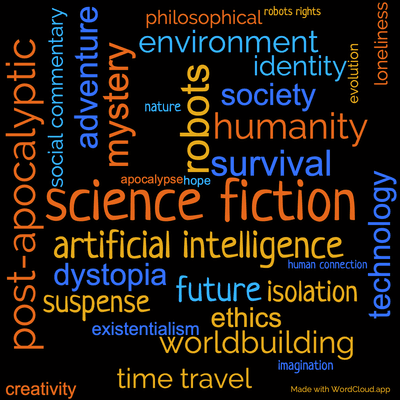 Word cloud of the book Destiny Doll with 31 words like science fiction, robots and artificial intelligence.