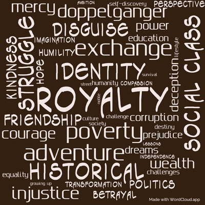 Word cloud of the book The Prince and the Pauper with 46 words like royalty, poverty and identity.