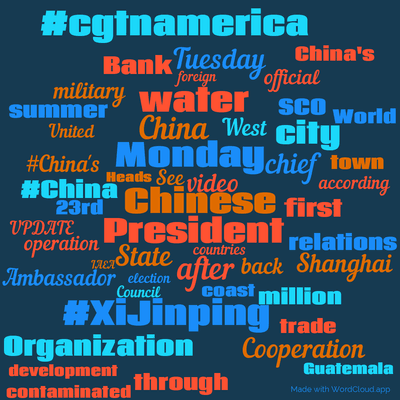 Word cloud with 50 words like #cgtnamerica, Chinese and Monday.