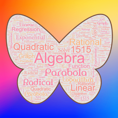Word cloud in a Butterfly shape with 13 words like Algebra, Parabola and Quadratic.