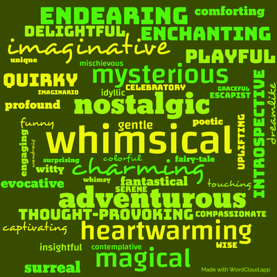 Word cloud of the book Tales from Moominvalley by Tove Jansson with 46 words like whimsical, charming and nostalgic.