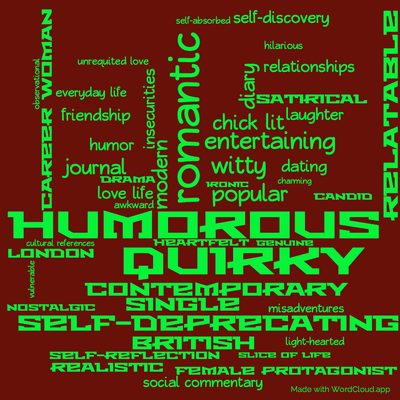 Word cloud of the book Bridget Jones's Diary by Helen Fielding with 48 words like humorous, romantic and quirky.