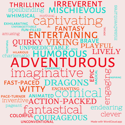 Word cloud of the book How to Speak Dragonese by Cressida Cowell with 49 words like adventurous, humorous and imaginative.