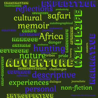 Word cloud of the book Green Hills of Africa with 47 words like adventure, hunting and Africa.