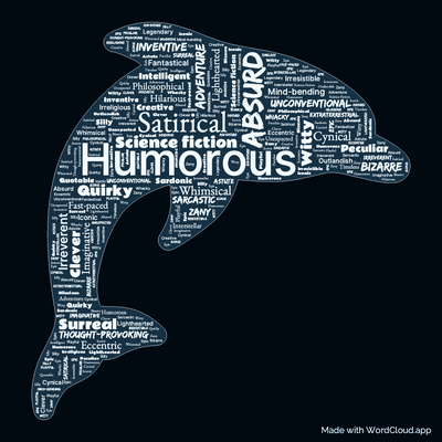 Word cloud of the book The Hitchhiker's Guide to the Galaxy with 45 words like Humorous, Satirical and Absurd.