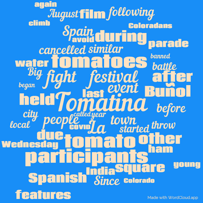 Word cloud with 50 words like Tomatina, festival and La.
