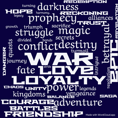 Word cloud of the book Winter's Heart with 46 words like War, destiny and love.
