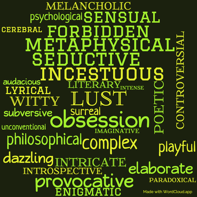 Word cloud of the book Ada or ardour with 31 words like Lust, obsession and incestuous.