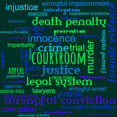 Word cloud of the book The Innocent Man with 48 words like courtroom, justice and wrongful conviction.
