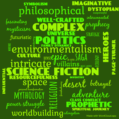 Word cloud of the book Dune by Frank Herbert with 48 words like science fiction, epic and environmentalism.