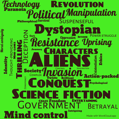 Word cloud of the book The Ganymede Takeover with 45 words like Aliens, Invasion and Resistance.