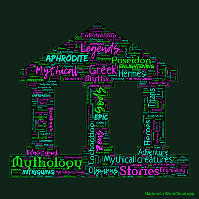 Word cloud of the book Mythos by Stephen Fry with 51 words like Mythology, Greek and Gods.