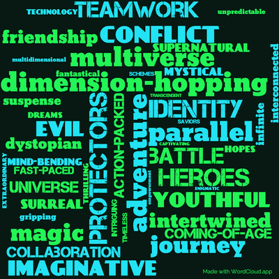 Word cloud of the book InterWorld with 47 words like dimension-hopping, adventure and protectors.
