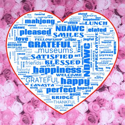 Word cloud in a Heart shape with 43 words like love, NDAWC and happy.