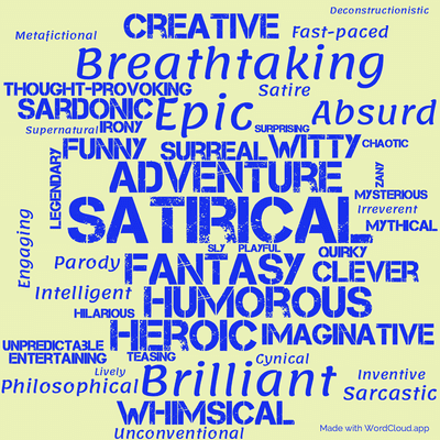 Word cloud of the book The Last Hero by Terry Pratchett with 47 words like Satirical, Fantasy and Adventure.