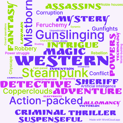 Word cloud of the book The Alloy of Law by Brandon Sanderson with 46 words like Western, Steampunk and Magic.