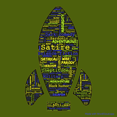 Word cloud of the book Bill, The Galactic Hero with 45 words like Satire, Science fiction and Humor.