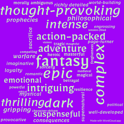 Word cloud of the book Confessor with 47 words like fantasy, epic and adventure.
