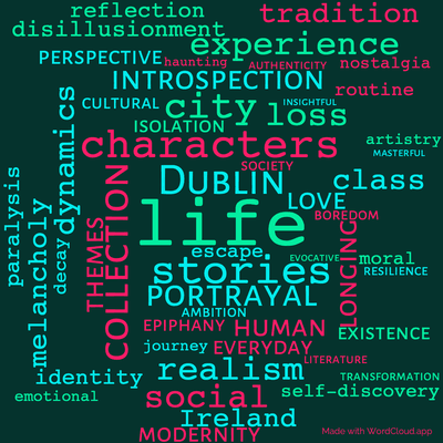 Word cloud of the book Dubliners by James Joyce with 52 words like life, Dublin and collection.