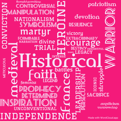 Word cloud of the book Joan of Arc by Mark Twain with 44 words like Historical, heroine and France.