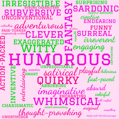Word cloud of the book Wings Bromeliad by Terry Pratchett with 49 words like humorous, fantasy and satirical.