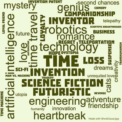 Word cloud of the book The Door into Summer with 47 words like time, invention and technology.