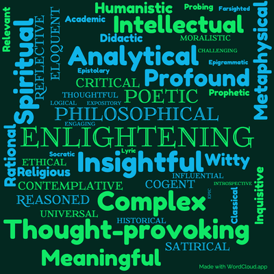 Word cloud of the book An Essay on Man Moral Essays and Satires with 47 words like Enlightening, Philosophical and Insightful.