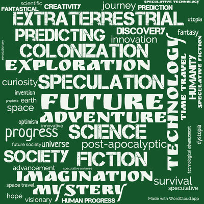 Word cloud of the book In the Year 2889 with 48 words like future, technology and adventure.