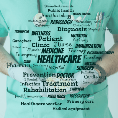 Word cloud with 51 words like Healthcare, Medicine and Hospital.