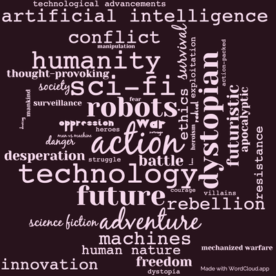 Word cloud of the book War with the Robots with 47 words like action, technology and robots.