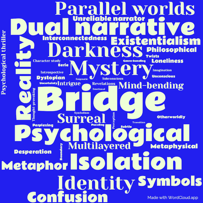 Word cloud of the book The Bridge with 46 words like Bridge, Mystery and Psychological.