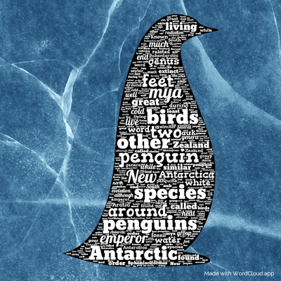 Word cloud with 50 words like penguins, penguin and species.
