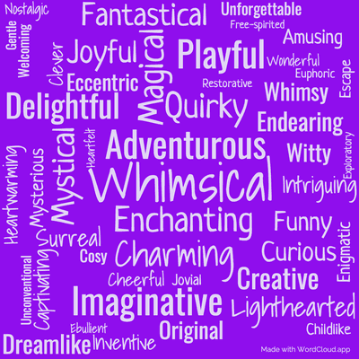 Word cloud of the book Finn Family Moomintroll by Tove Jansson with 48 words like Whimsical, Adventurous and Enchanting.