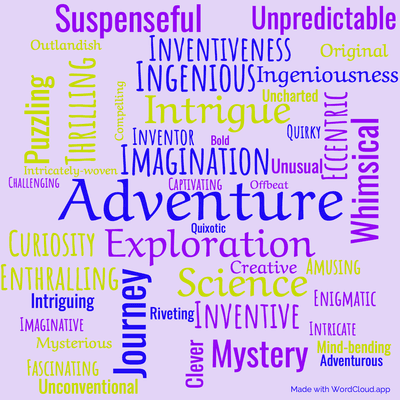 Word cloud of the book Topsy-Turvy by Jules Verne with 45 words like Adventure, Imagination and Exploration.
