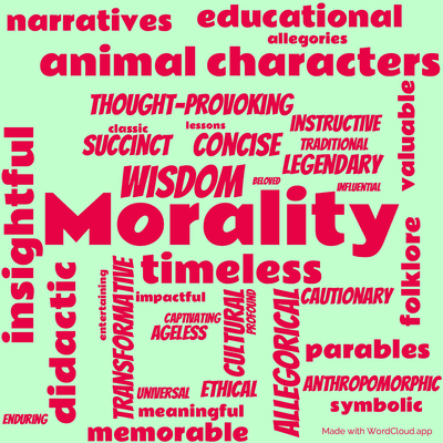 Word cloud of the book Aesop's Fables by Aesop with 38 words like Morality, wisdom and insightful.