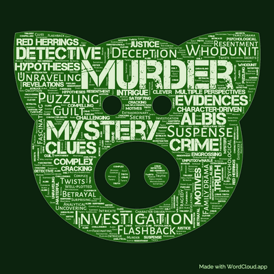 Word cloud of the book Five Little Pigs with 47 words like Murder, Mystery and Investigation.
