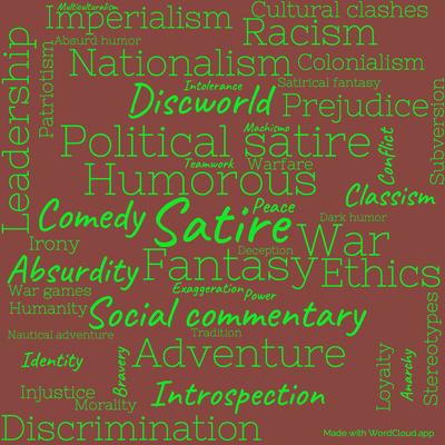 Word cloud of the book Jingo by Terry Pratchett with 48 words like Satire, Humorous and Fantasy.