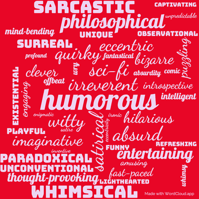 Word cloud of the book So Long And Thanks For All The Fish by Douglas Adams with 48 words like humorous, irreverent and sci-fi.