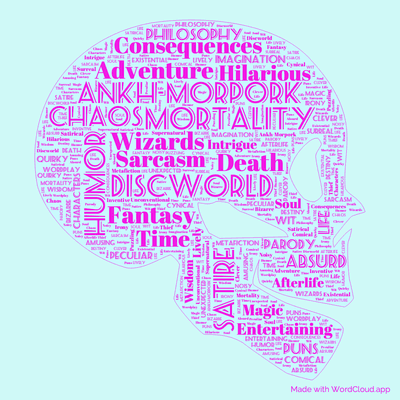 Word cloud of the book Mort by Terry Pratchett with 50 words like Mortality, Discworld and Ankh-Morpork.
