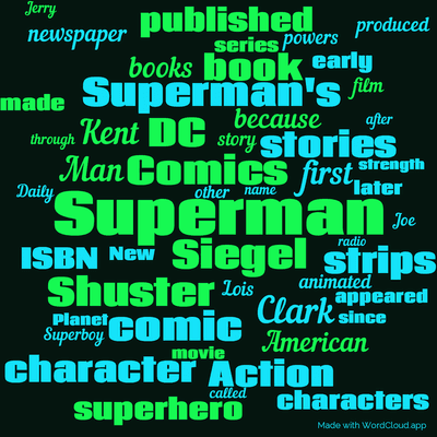 Word cloud with 50 words like Superman, Comics and Siegel.