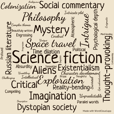 Word cloud of the book Destination Amalthea by Arkady and Boris Strugatsky with 47 words like Science fiction, Space travel and Aliens.