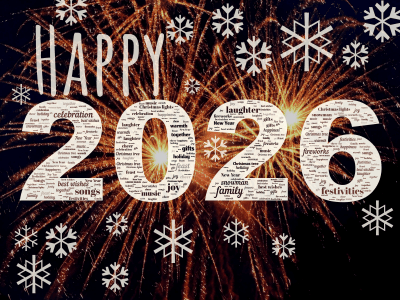 Word cloud in the shape of the number 2026 with 20 words like best wishes, gifts and snowman.