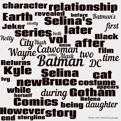 Word cloud with 50 words like Batman, Catwoman and Selina.