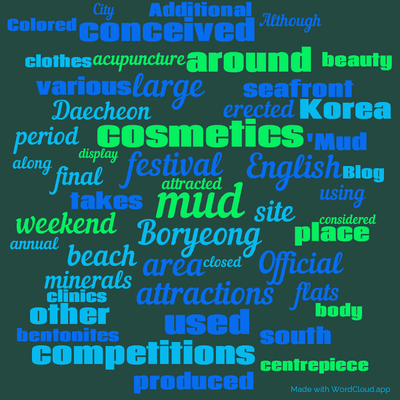 Word cloud with 50 words like mud, festival and Boryeong.