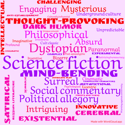 Word cloud of the book Spontaneous Reflex with 46 words like Science fiction, Dystopian and Mind-bending.