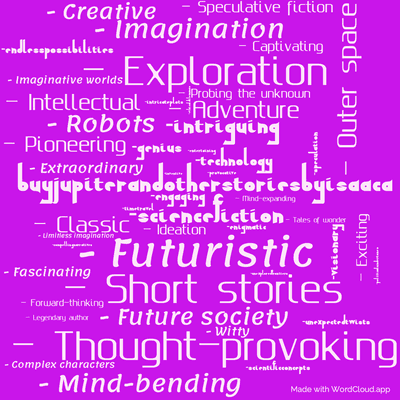 Word cloud of the book Buy Jupiter and Other Stories by Isaac Asimov with 50 words like Buy Jupiter and Other Stories by Isaac A, - Science fiction and - Futuristic.