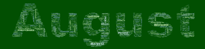 Word cloud in the shape of the word August with 25 words like Harvest, Heatwave and Obon.