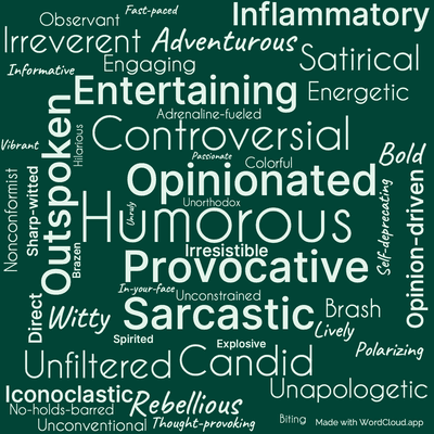 Word cloud of the book Born to be Riled by Jeremy Clarkson with 48 words like Humorous, Opinionated and Provocative.