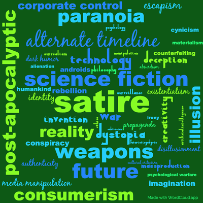 Word cloud of the book The Zap Gun by Philip K. Dick with 48 words like satire, science fiction and dystopia.