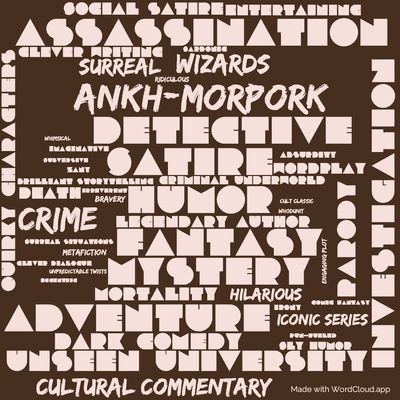Word cloud of the book Snuff by Terry Pratchett with 49 words like Adventure, Humor and Satire.